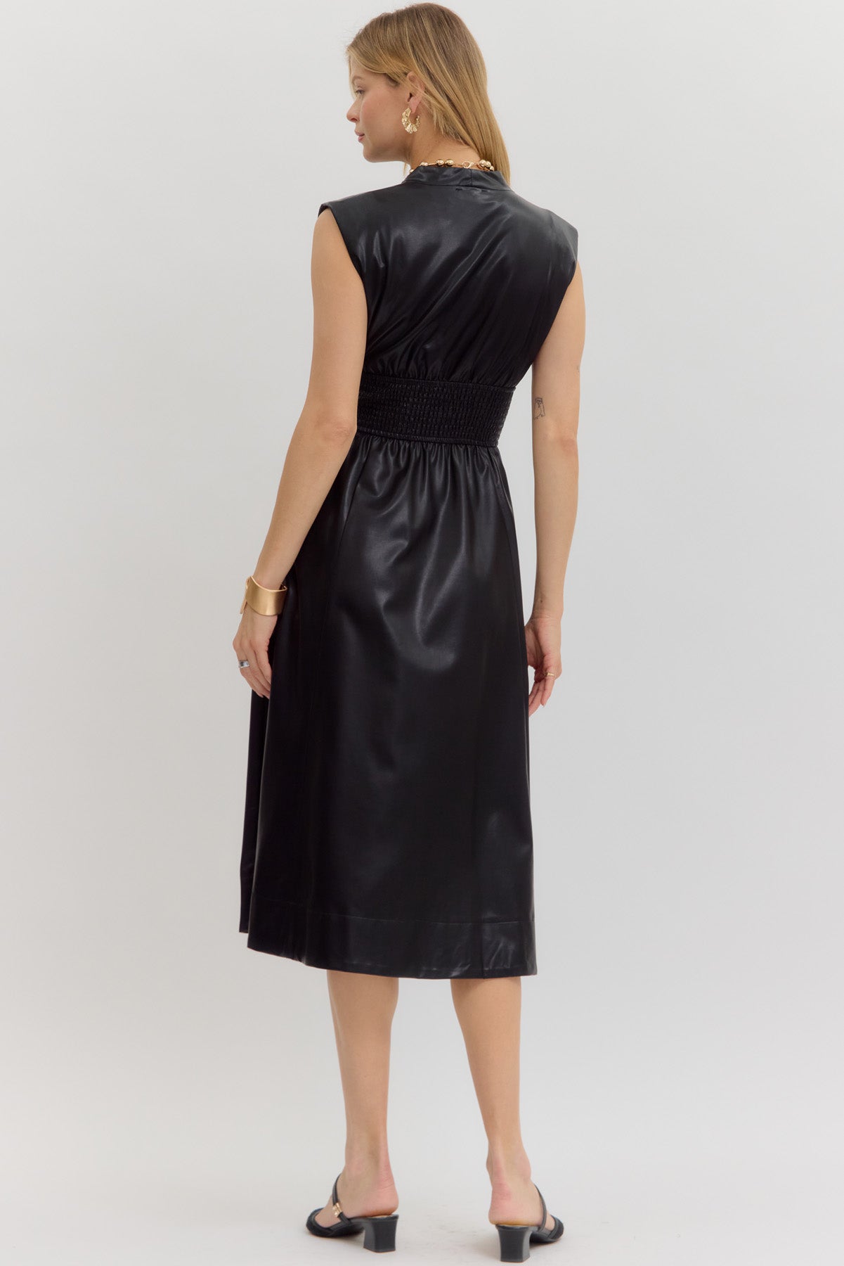zip front faux leather sleeveless flared midi dress