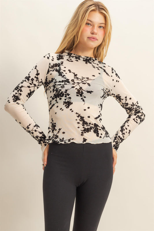 floral burnout velvet long sleeve mesh top