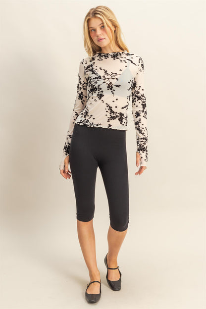floral burnout velvet long sleeve mesh top