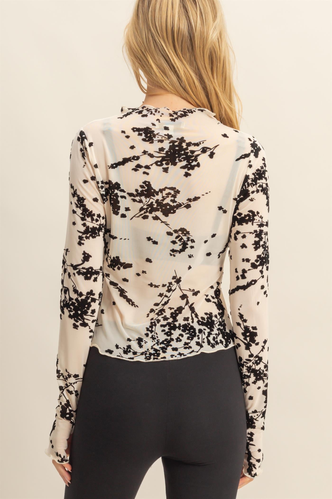 floral burnout velvet long sleeve mesh top
