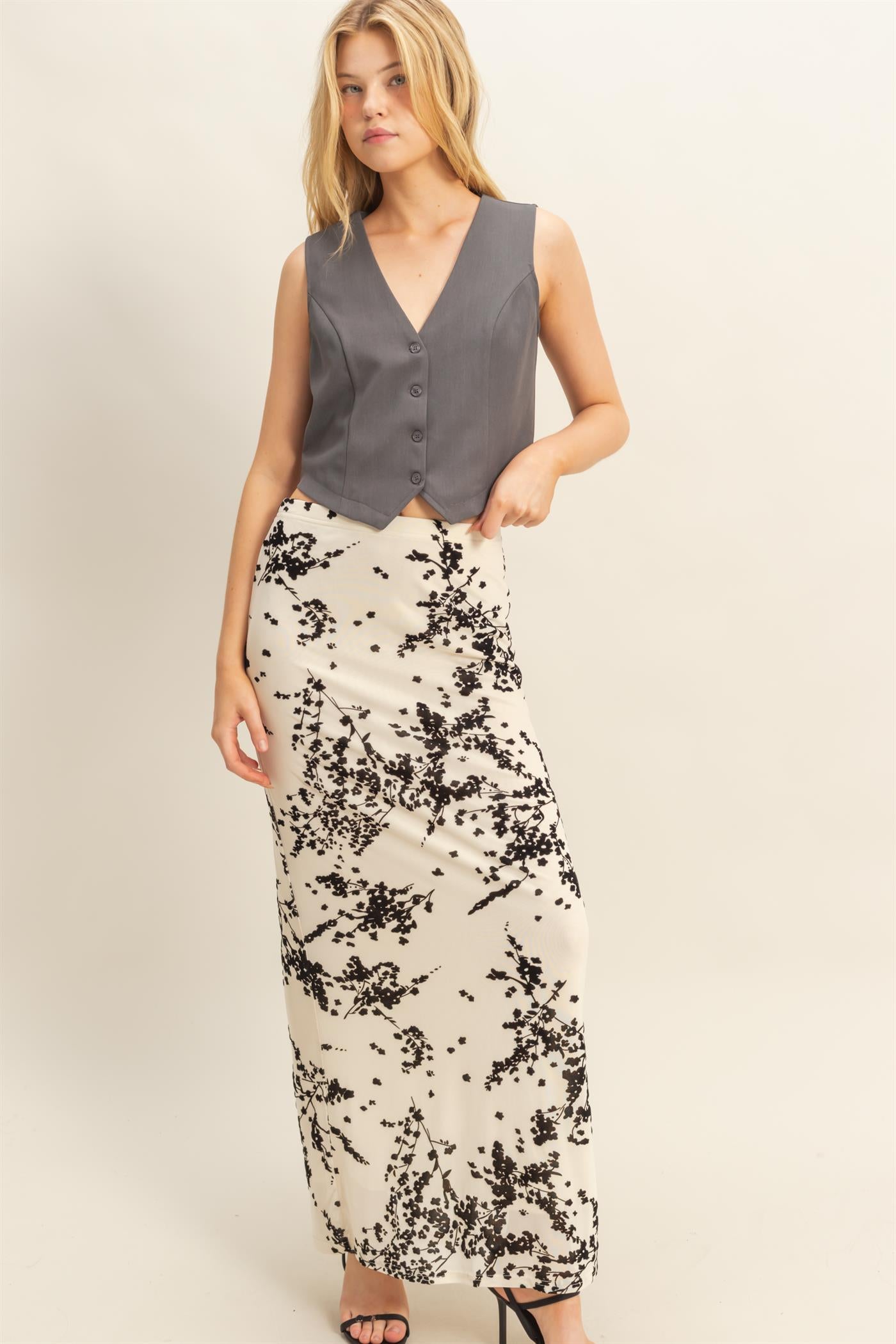 floral burnout velvet maxi skirt