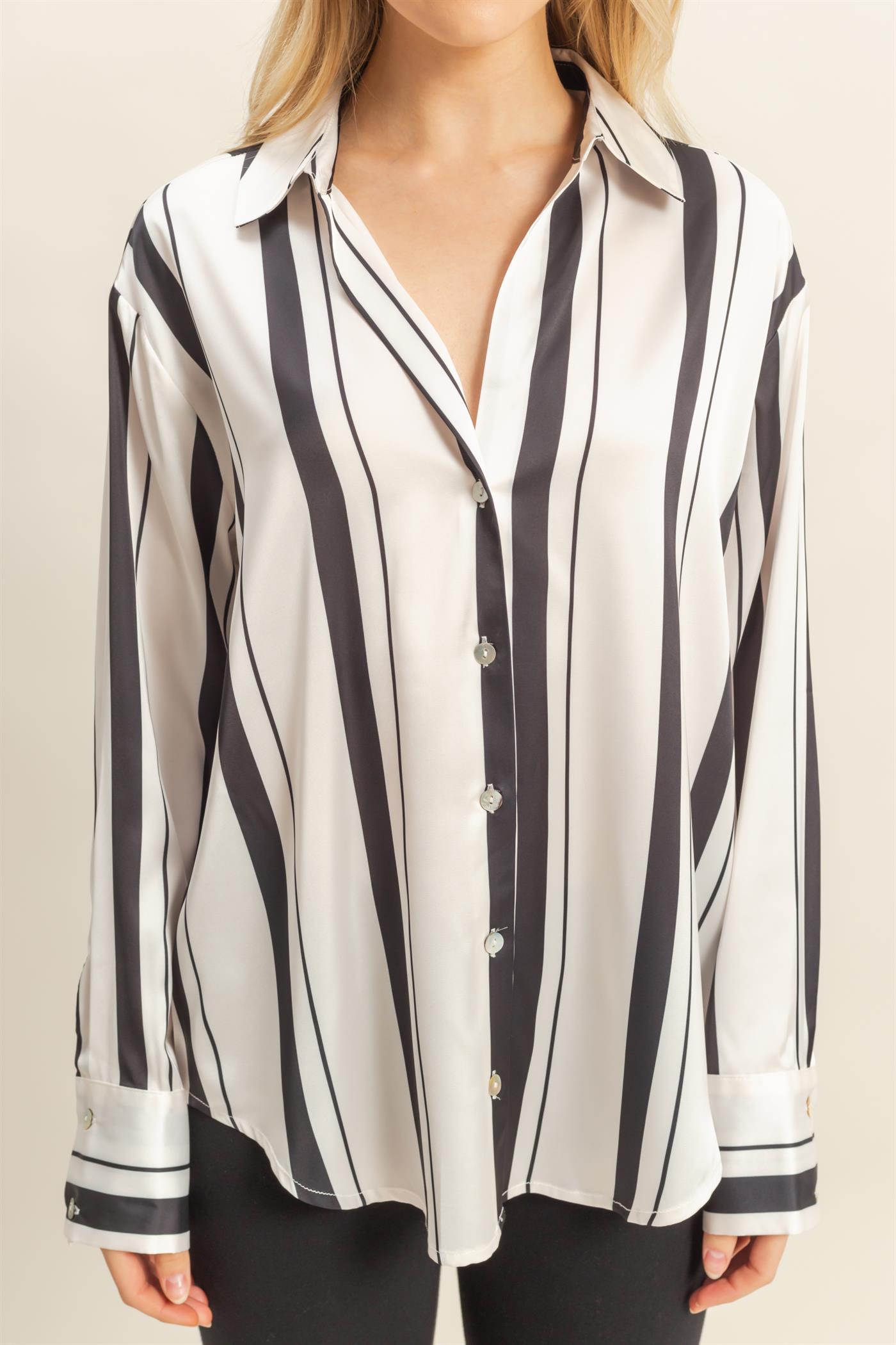 vertical stripe satin long sleeve button up top