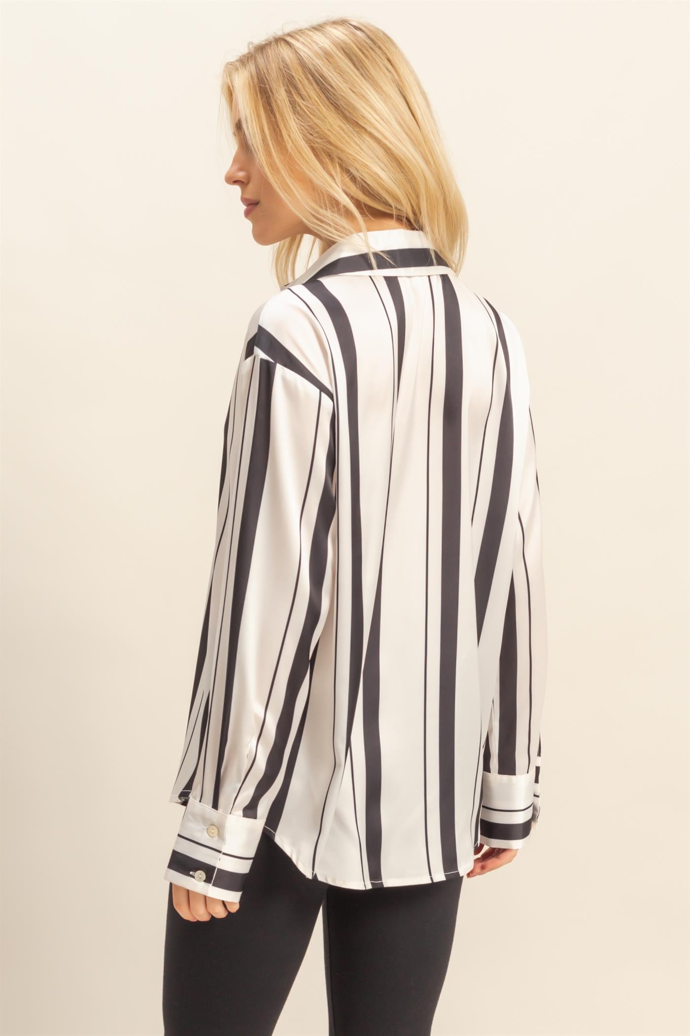vertical stripe satin long sleeve button up top