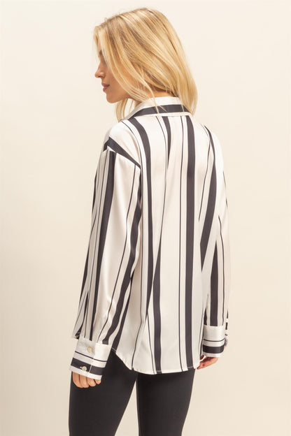 vertical stripe satin long sleeve button up top