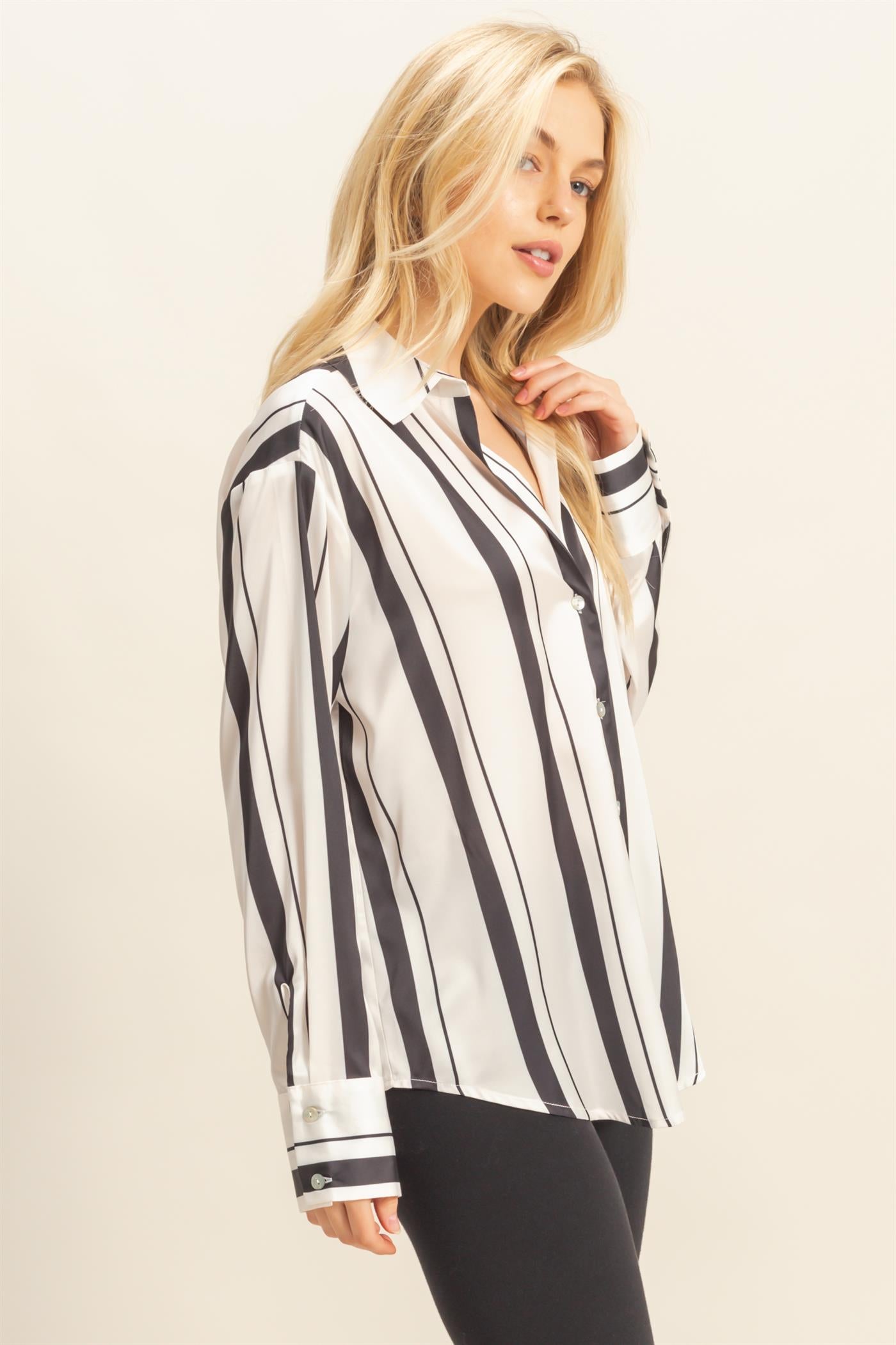 vertical stripe satin long sleeve button up top