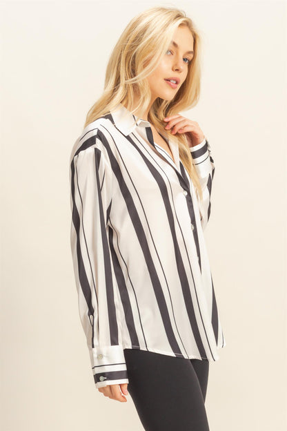 vertical stripe satin long sleeve button up top