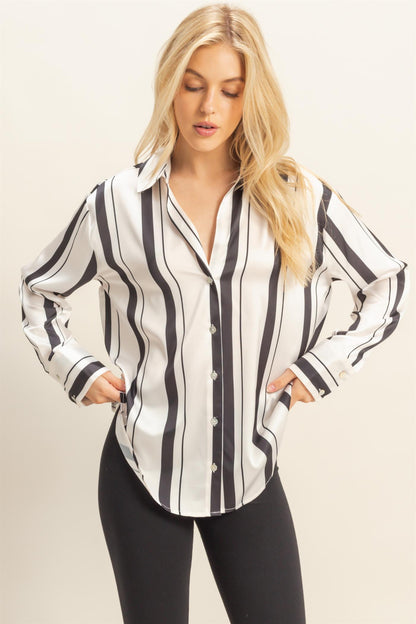 vertical stripe satin long sleeve button up top
