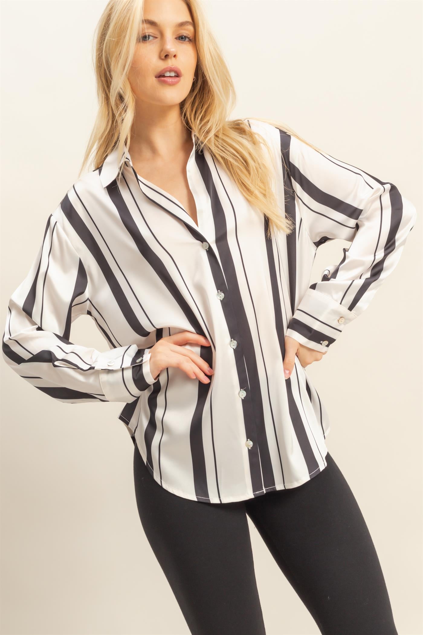 vertical stripe satin long sleeve button up top