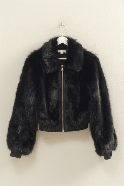 faux fur zip up bomber jacket