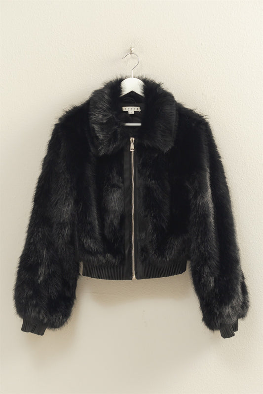 faux fur zip up bomber jacket