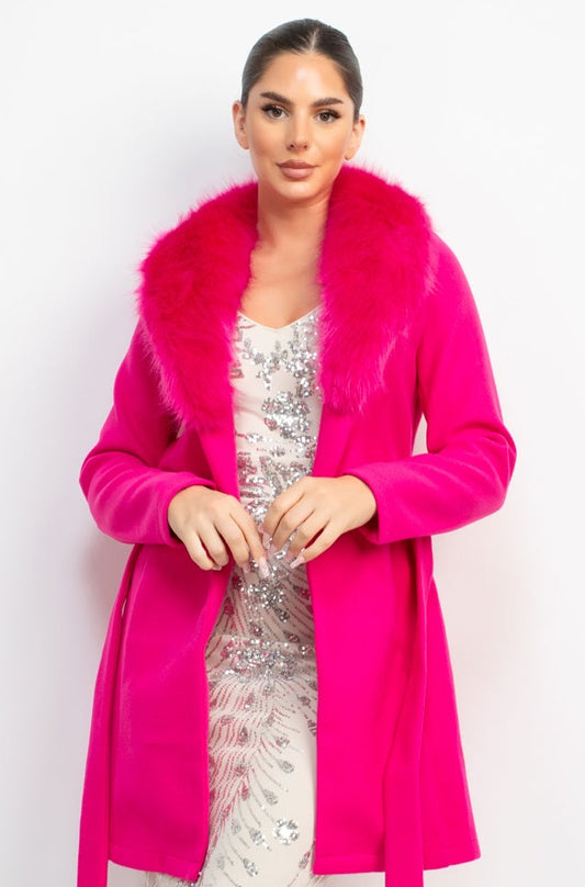 faux fur collar belted trench coat