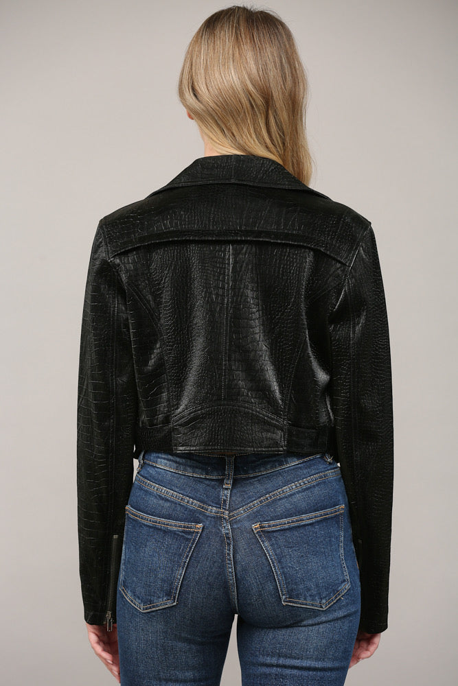 crocodile embossed faux leather motorcycle jacket