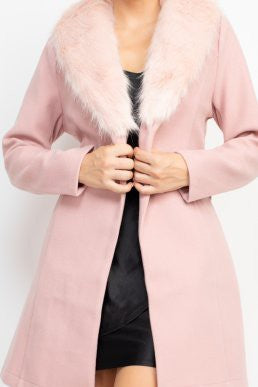 faux fur collar belted trench coat