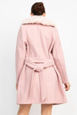 faux fur collar belted trench coat