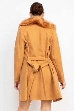 faux fur collar belted trench coat