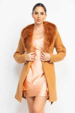 faux fur collar belted trench coat