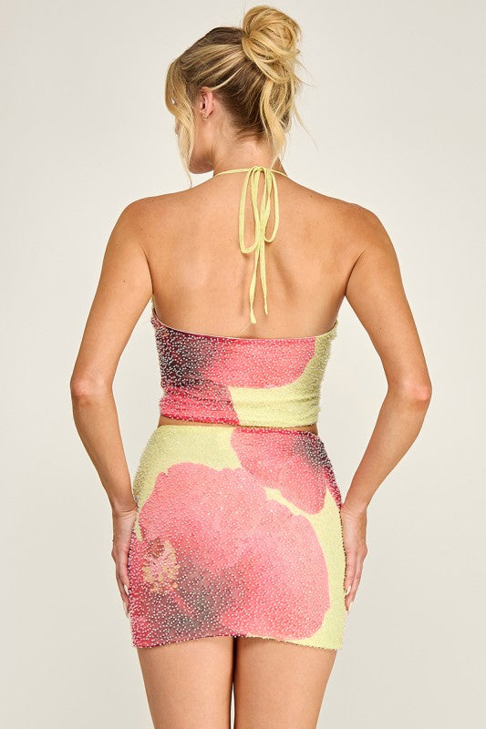2pc set- beaded floral halter top & mini skirt