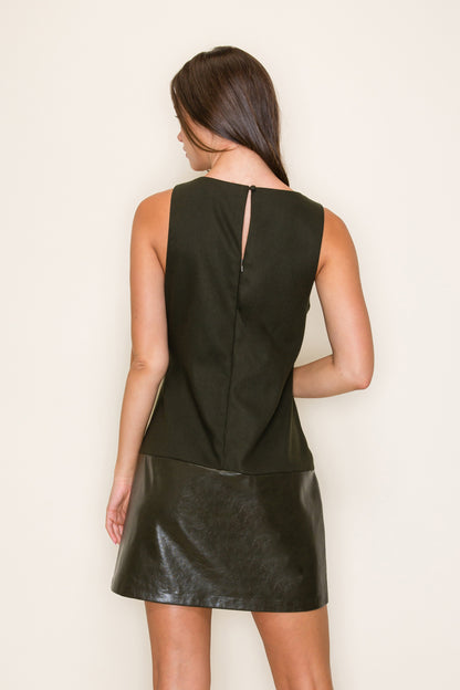 faux leather panel sleeveless sheath dress