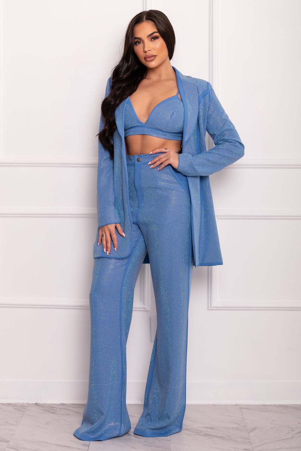 White Crystal Mesh Blazer with Pants and a bralette-style top