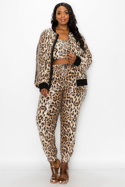 PLUS 3pc set- sequin leopard jogger, tube top, & bomber jacket