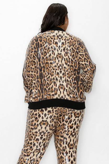 PLUS 3pc set- sequin leopard jogger, tube top, & bomber jacket
