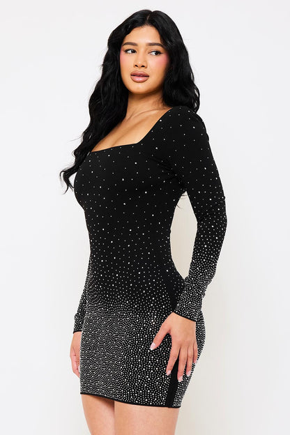 gradient rhinestone long sleeve dress Black / Small
