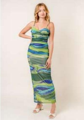 print ruched underwire bustier mesh maxi dress