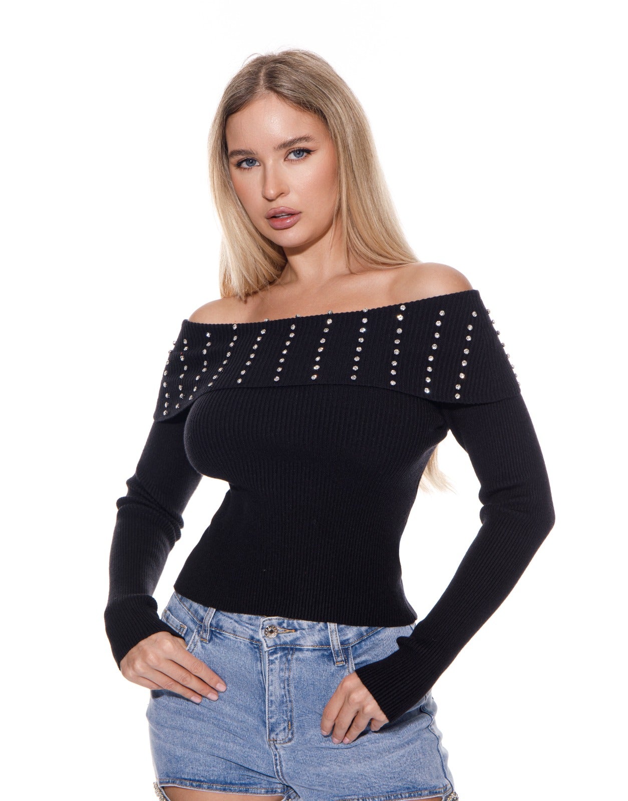 rhinestone studded off the shoulder sweater