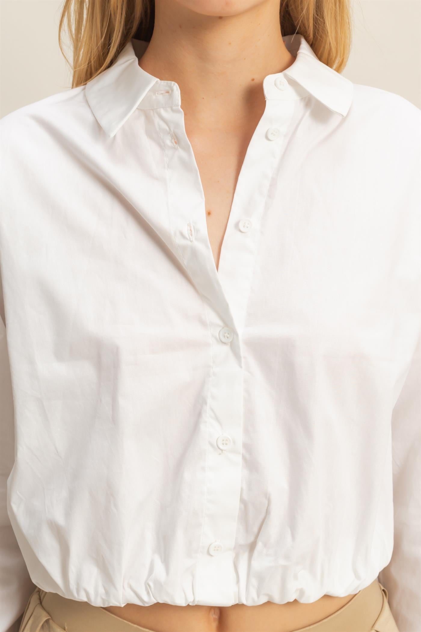 Crop Elastic Hem Long Sleeve Poplin Shirts