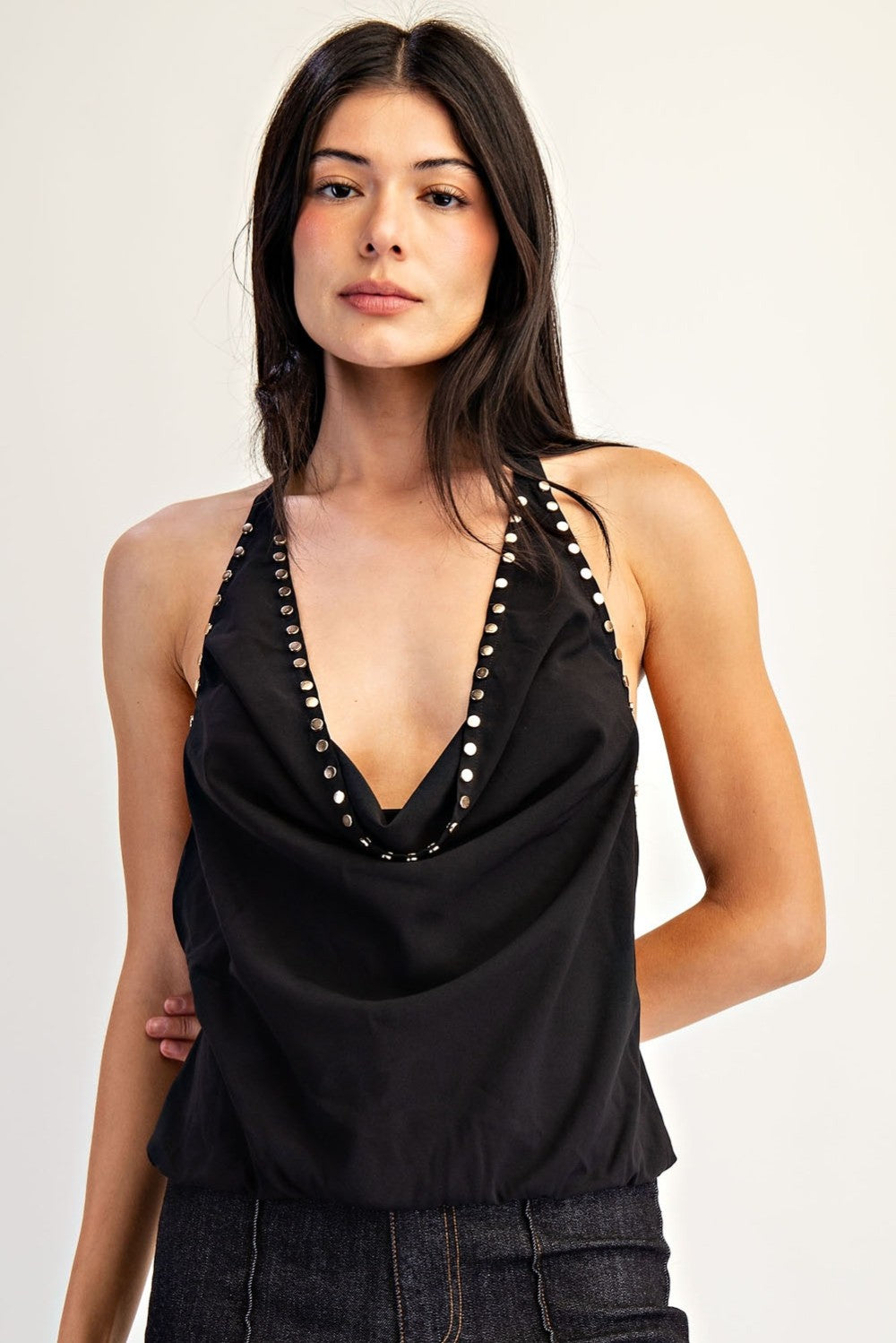Studded Cowl Neck Halter Top
