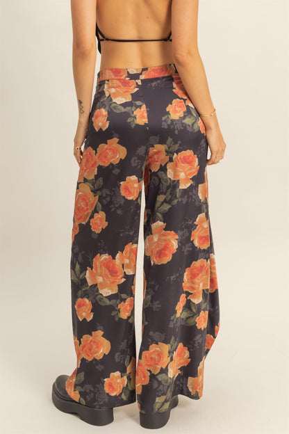 floral satin wide leg pants