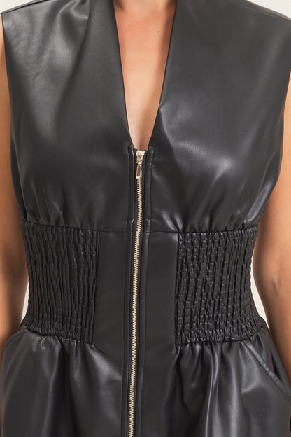 Faux Leather Zip Front Sleeveless Dress