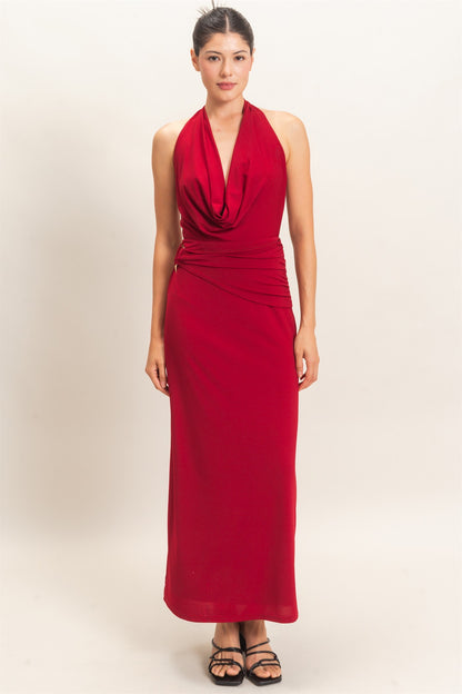 cowl halter neck draped waist maxi dress