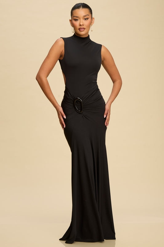 Mock Neck Open Back Maxi Dress