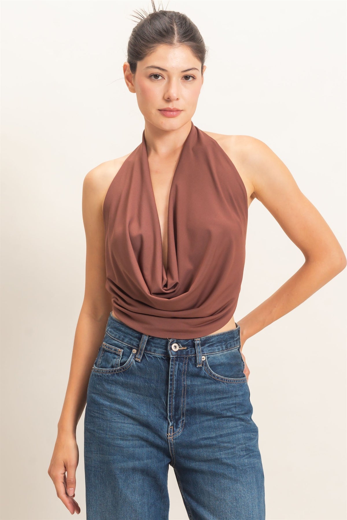 Draped Halter Neck Open Back Top