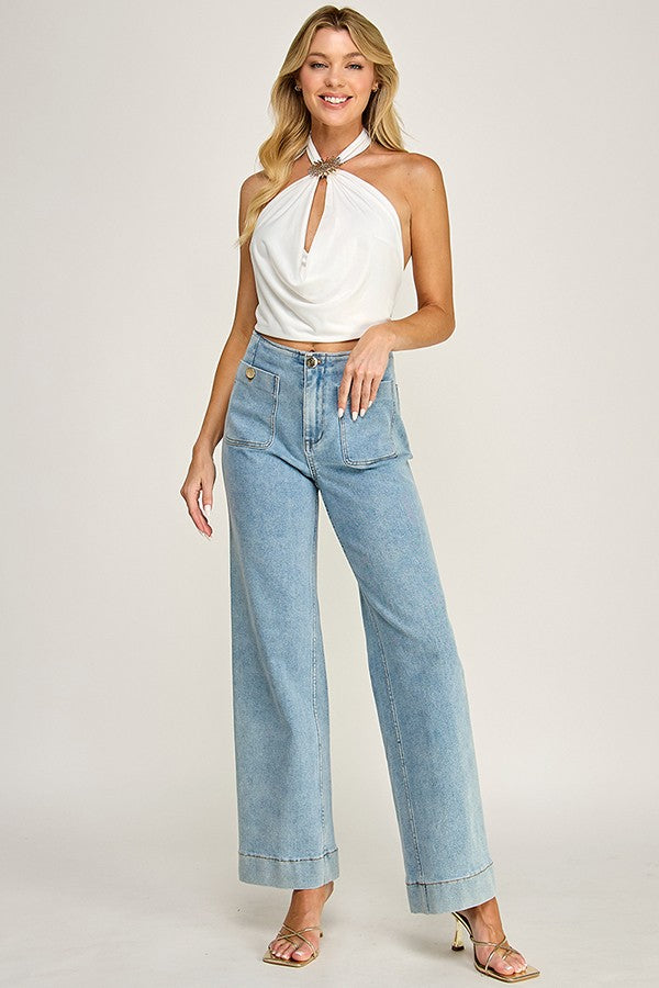 Jersey Halter Cowl Neck Open Back Top