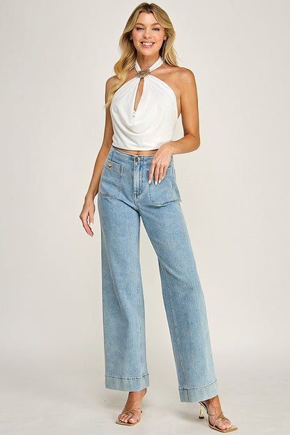 Jersey Halter Cowl Neck Open Back Top