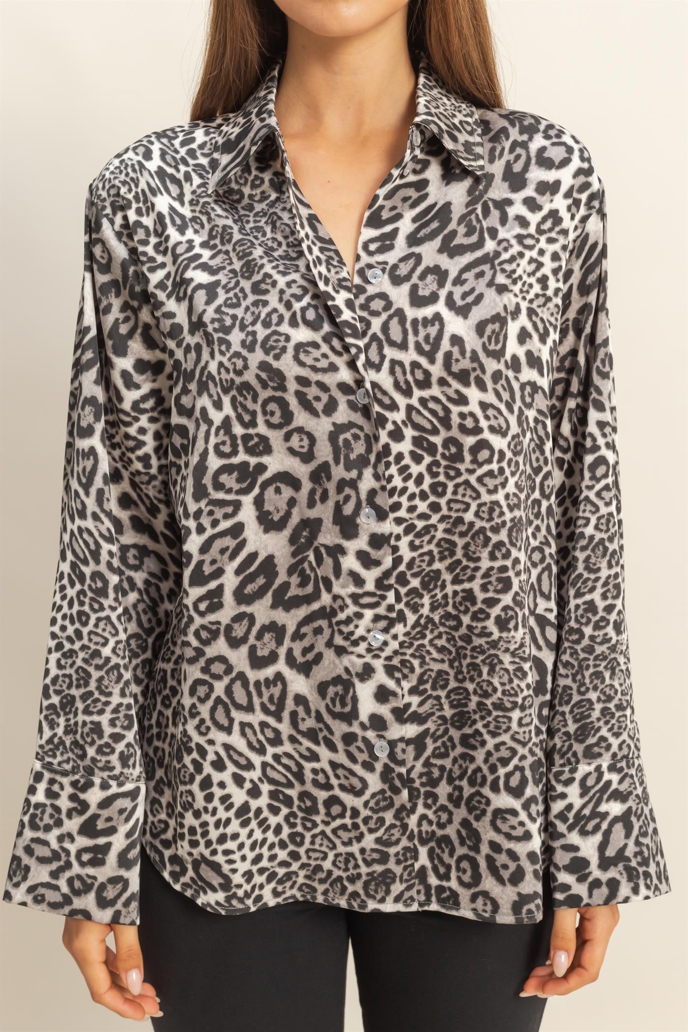 Leopard Print Satin Button-up Shirt