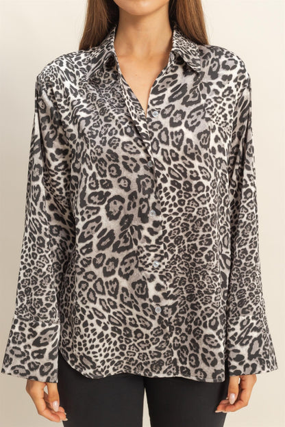 Leopard Print Satin Button-up Shirt
