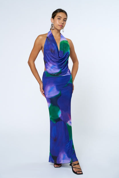 Halter Cowl Print Dress With Open Back