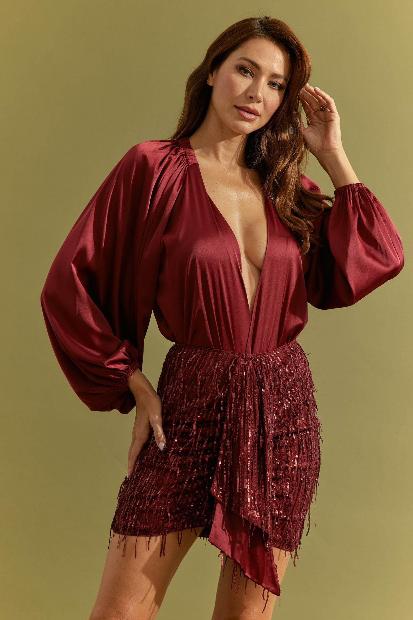 2pc set- Satin Bodysuit & Sequin Mesh Mini Skirt