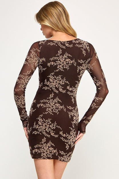 Floral Mesh Long Sleeve Mini Dress