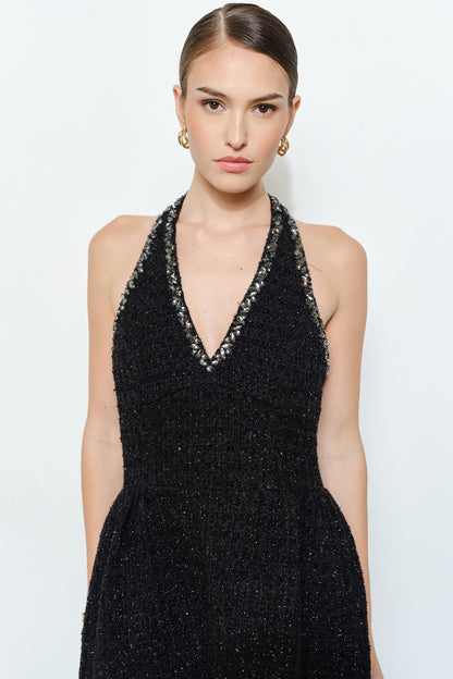 Lurex Glitter Tweed Rhinestone Trim Flare Halter Dress