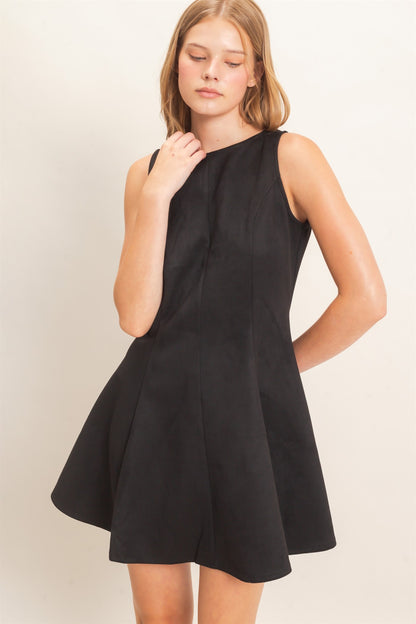 Flared Sleeveless Suede Mini Dress