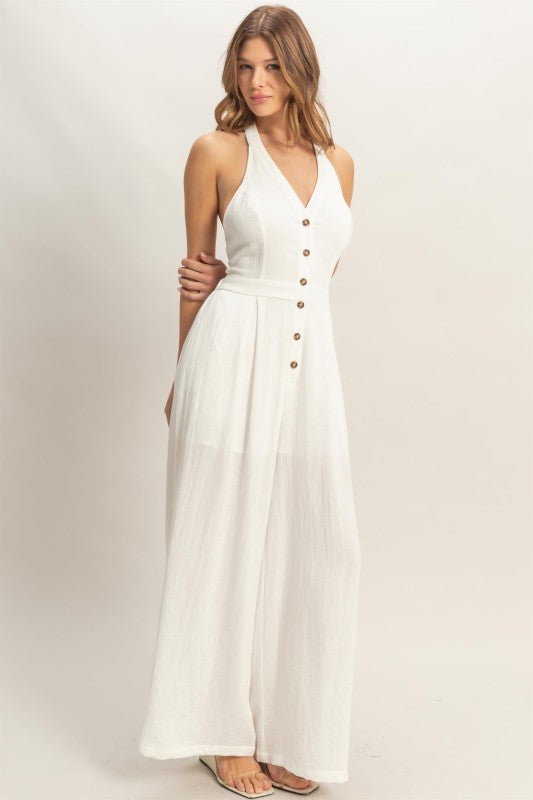 Halter Button-front Jumpsuit