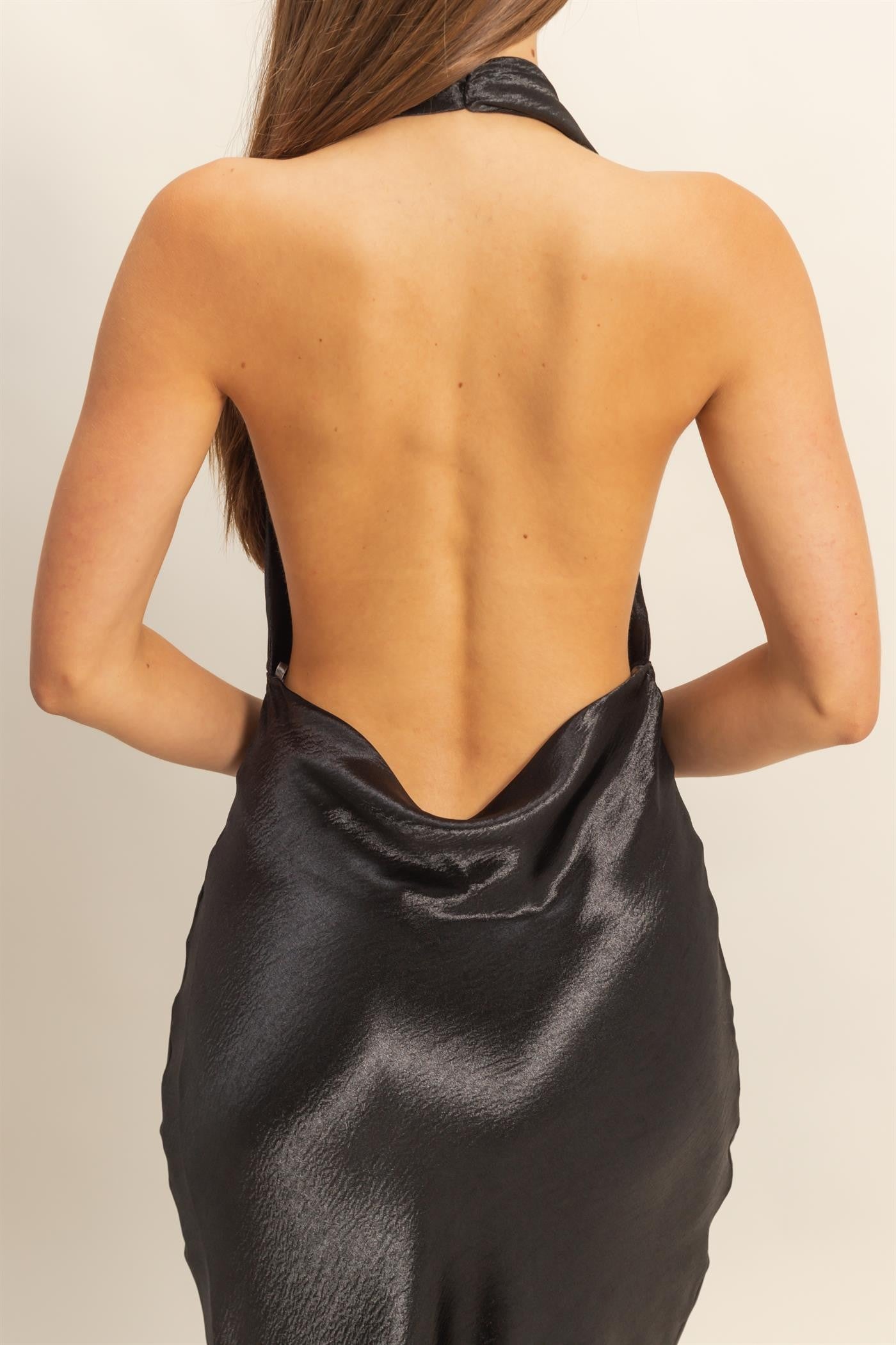 Drape Neck Sleeveless Satin Maxi Dress