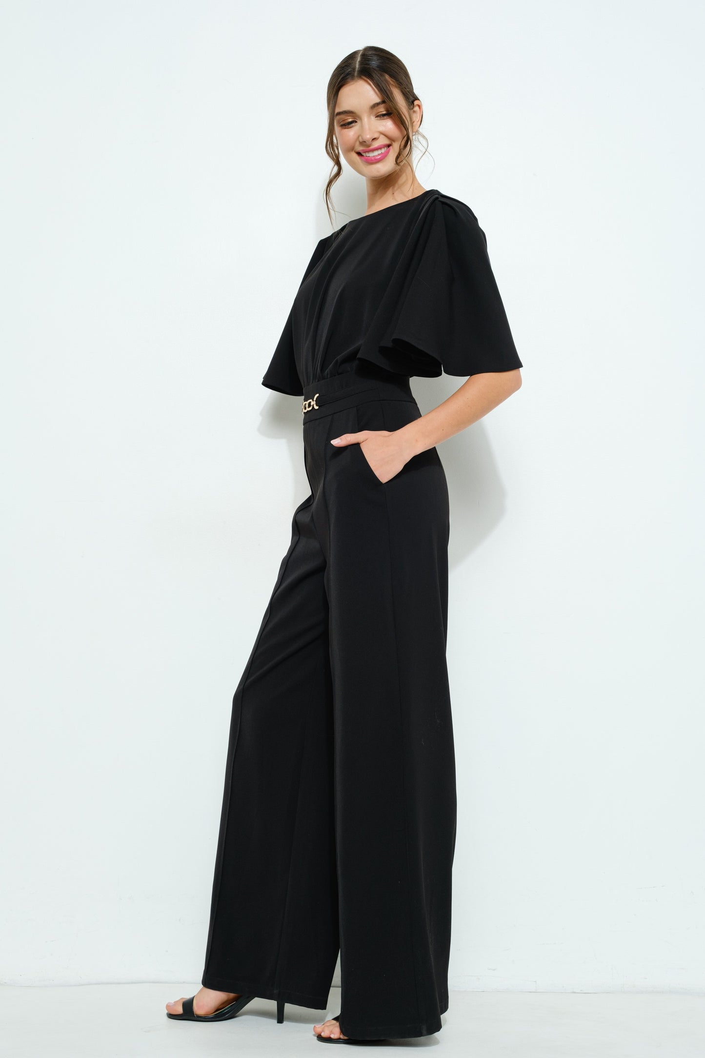 Flutter Kimono Sleeve Buckle Detail Wide Jumpsuit