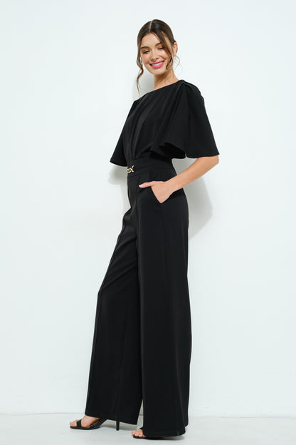 Flutter Kimono Sleeve Buckle Detail Wide Jumpsuit