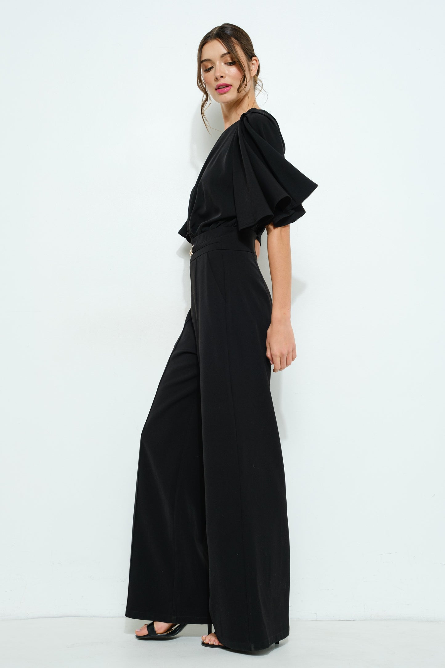 Flutter Kimono Sleeve Buckle Detail Wide Jumpsuit