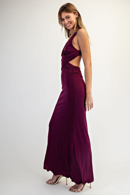 Halter Open Back Plunging Neck Knit Maxi Dress